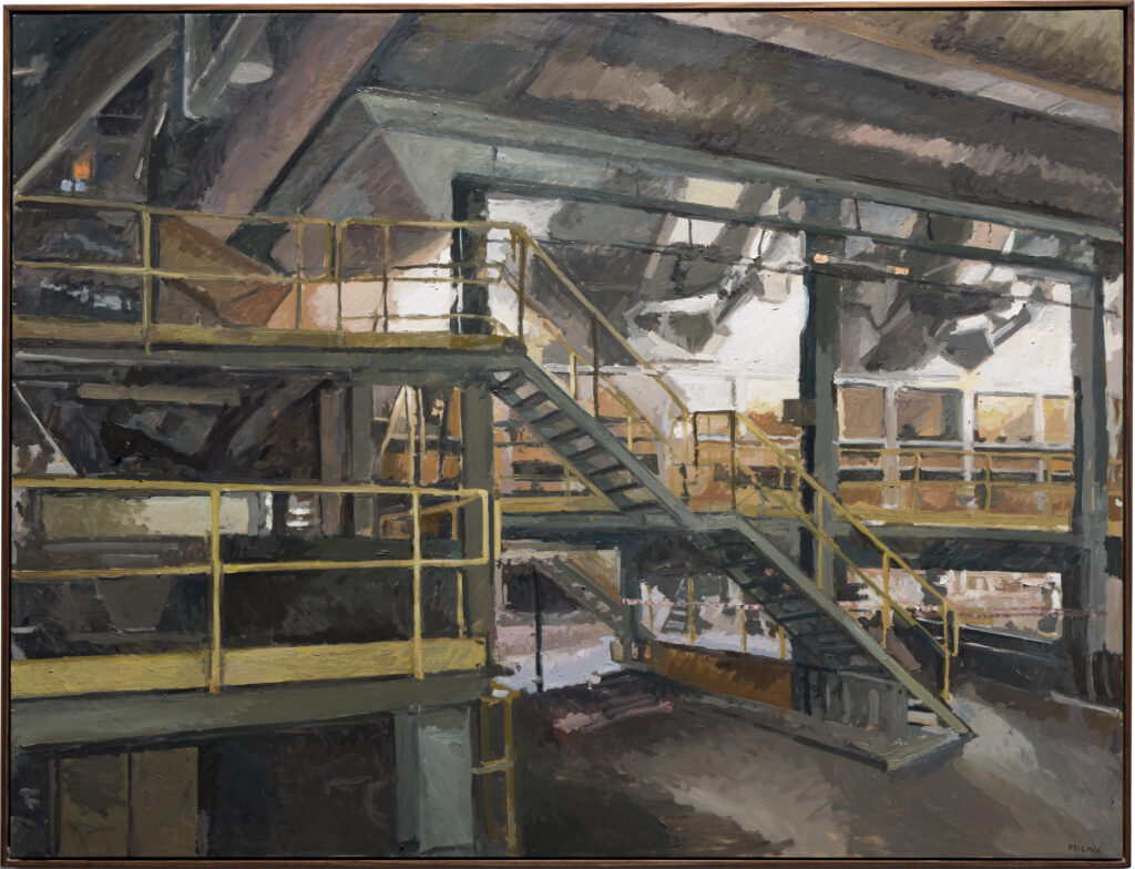 Oil painting of the interior of a power station with staircase and gantry prominent.